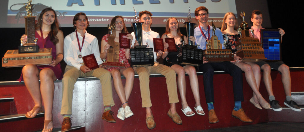 <p>Athletic achievers – The winners of PECI’s major athletic awards this year are (from left) Vanessa Willis (Joe Scott Award), Cameron Pero (top Grade 9 male athlete), Hannah Goad (Top Grade 9 female athlete), Nolan Dawson (top junior male athlete), Sydney Davies (top junior female athlete), Wyatt Gilbert (top senior male athlete), Brooke Roche (top senior female athlete), and Eli Strome (Jeremy Vincent Award). (Adam Bramburger/Gazette staff)</p>
