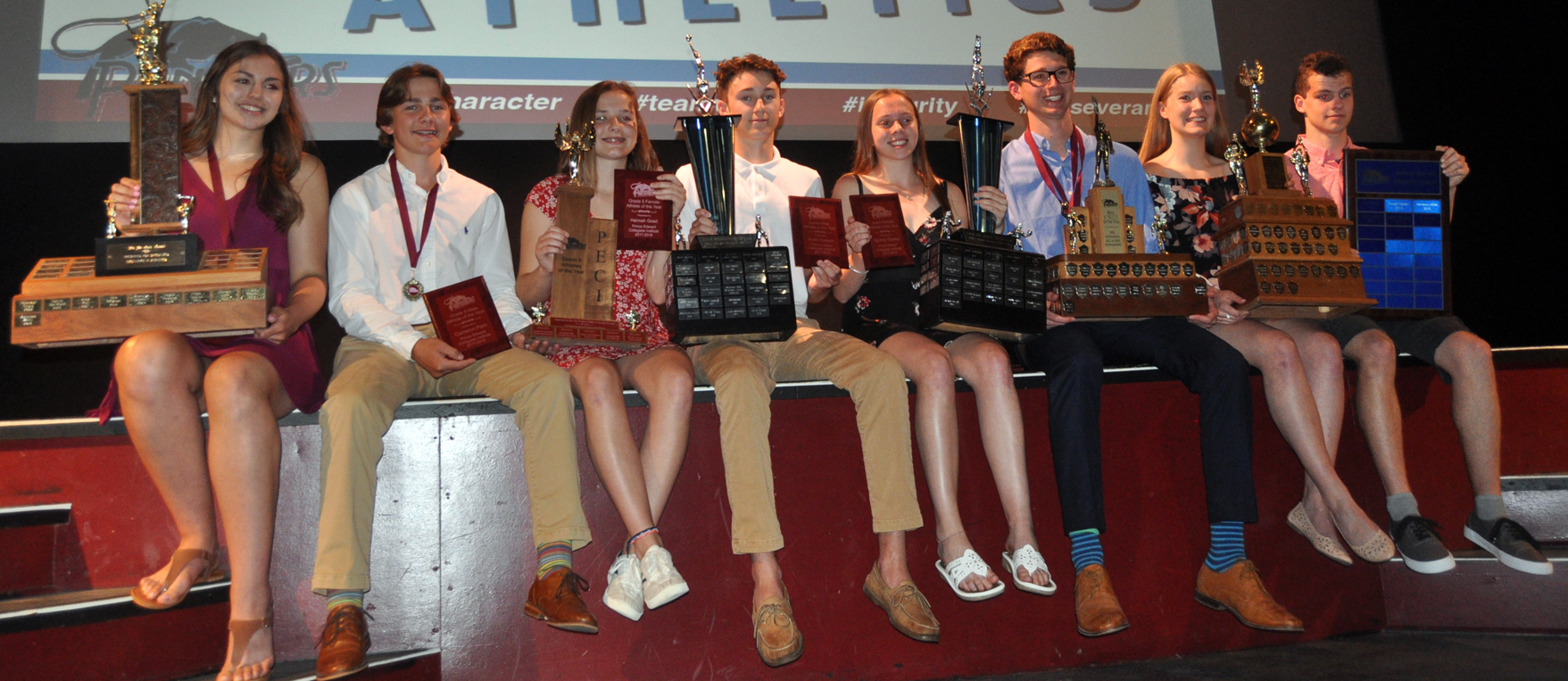 <p>Athletic achievers – The winners of PECI’s major athletic awards this year are (from left) Vanessa Willis (Joe Scott Award), Cameron Pero (top Grade 9 male athlete), Hannah Goad (Top Grade 9 female athlete), Nolan Dawson (top junior male athlete), Sydney Davies (top junior female athlete), Wyatt Gilbert (top senior male athlete), Brooke Roche (top senior female athlete), and Eli Strome (Jeremy Vincent Award). (Adam Bramburger/Gazette staff)</p>
