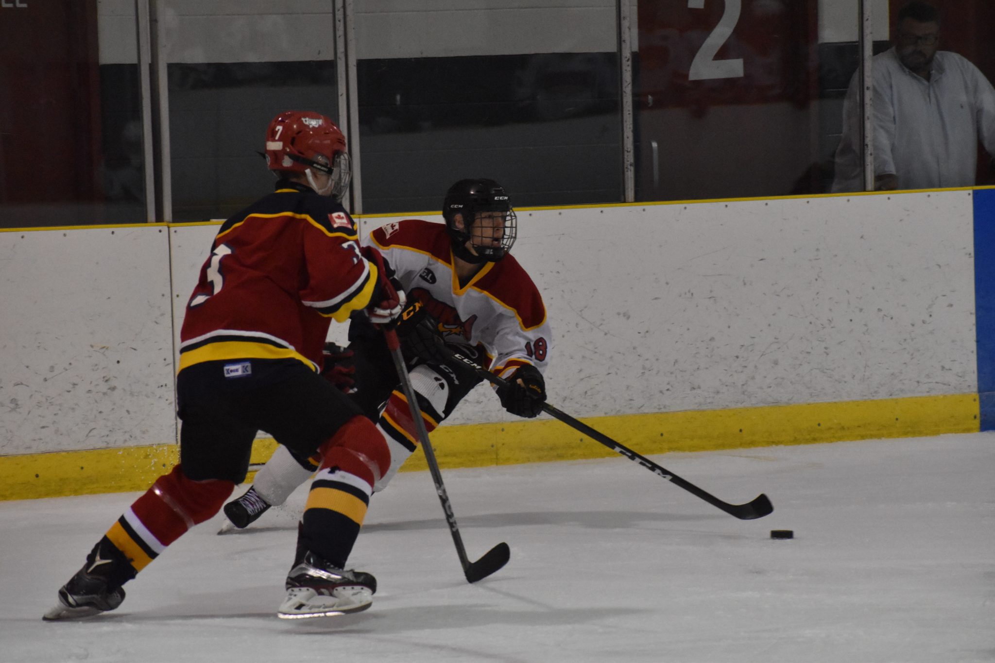 <p>CAMPERS-  Forward Garrison Moore tries to get past Quinte Red Devils product Cooper Rogers at the 2018 Wellington Dukes spring camp. (Jason Parks/Gazette File Photo)</p>
