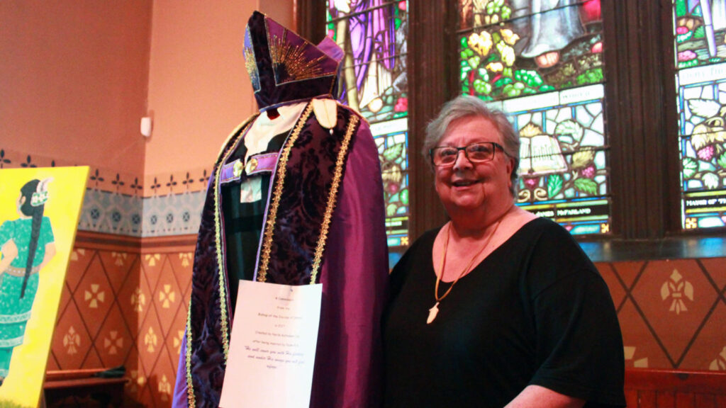 <p>Artist Narda Kathleen Julg showcases her commissioned cope and mitre on Saturday at Macaulay Heritage Park. (Chad Ibbotson/Gazette staff)</p>
