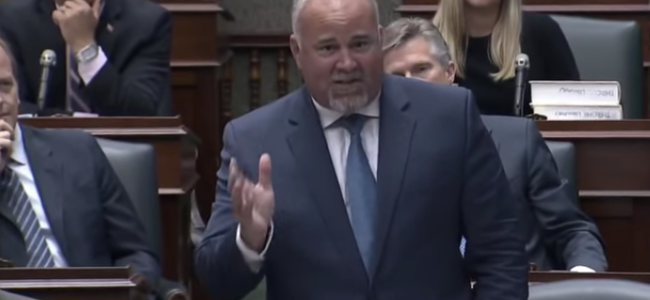 <p>White elephants – Bay of Quinte MPP and government house leader Todd Smith gave an impassioned plea in support of cancelling the White Pines Wind Project during debate at Queen’s Park Wednesday. (Ontario Legislature/YouTube)</p>
