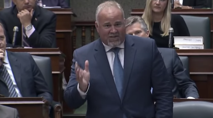 <p>White elephants – Bay of Quinte MPP and government house leader Todd Smith gave an impassioned plea in support of cancelling the White Pines Wind Project during debate at Queen’s Park Wednesday. (Ontario Legislature/YouTube)</p>
