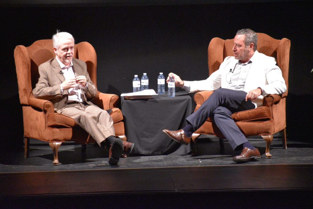 <p>TRUMP TALK- (Left) Dr. Thomas Harrison and political author and Senior Editor of the The Atlantic David Frum engaged in a discussion about U.S. President Donald Trump’s rise to power at the Regent Theatre Thursday evening. The event, a fundraiser for improvements to the Picton Library and the Regent Threatre, was sold out. (Jason Parks/Gazette Staff)</p>
