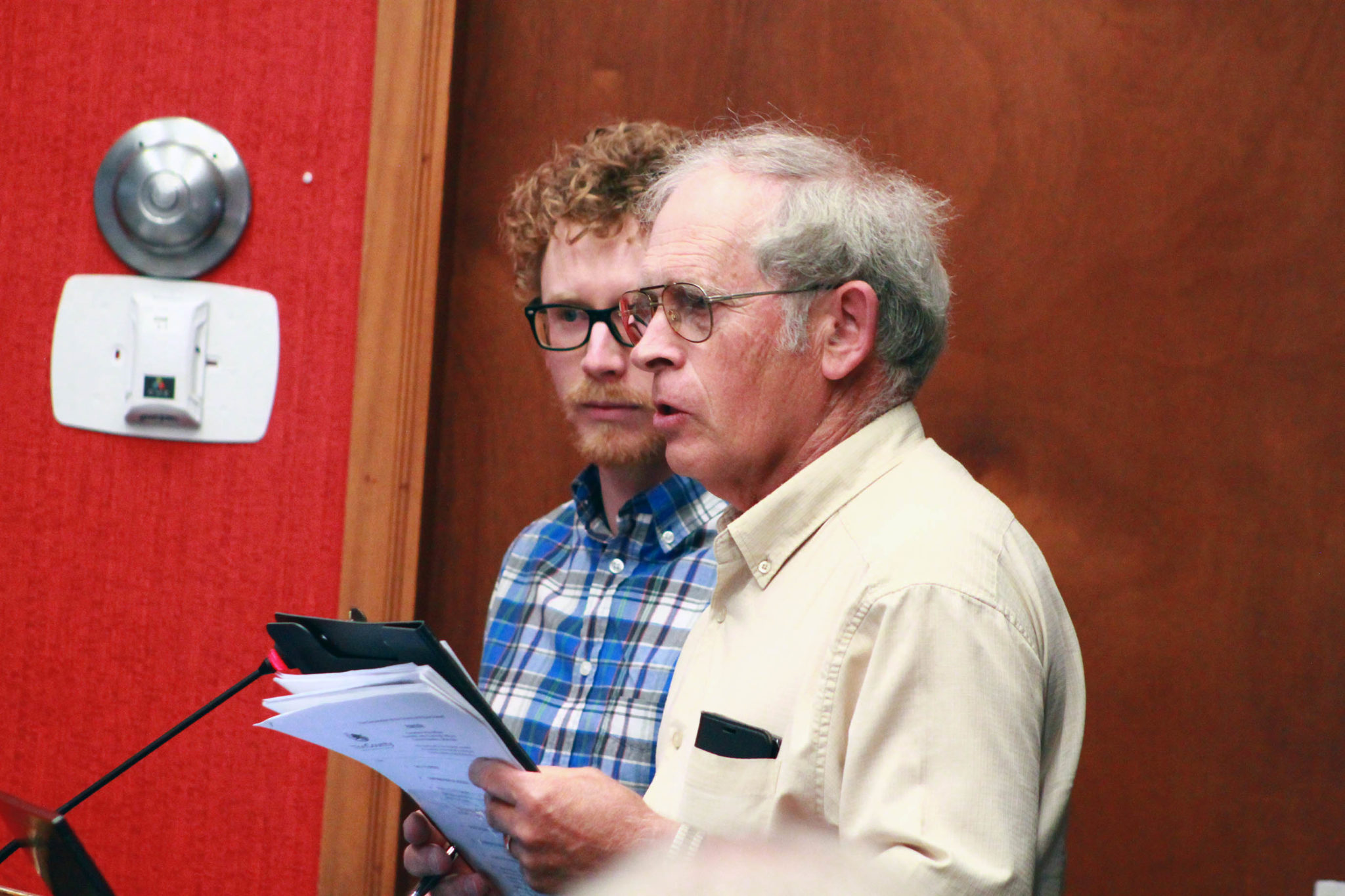 <p>Farming assistance ad hoc committee vice-chair Aaron Armstrong and chair John Thompson address committee of the whole Thursday. (Chad Ibbotson/Gazette staff)</p>
