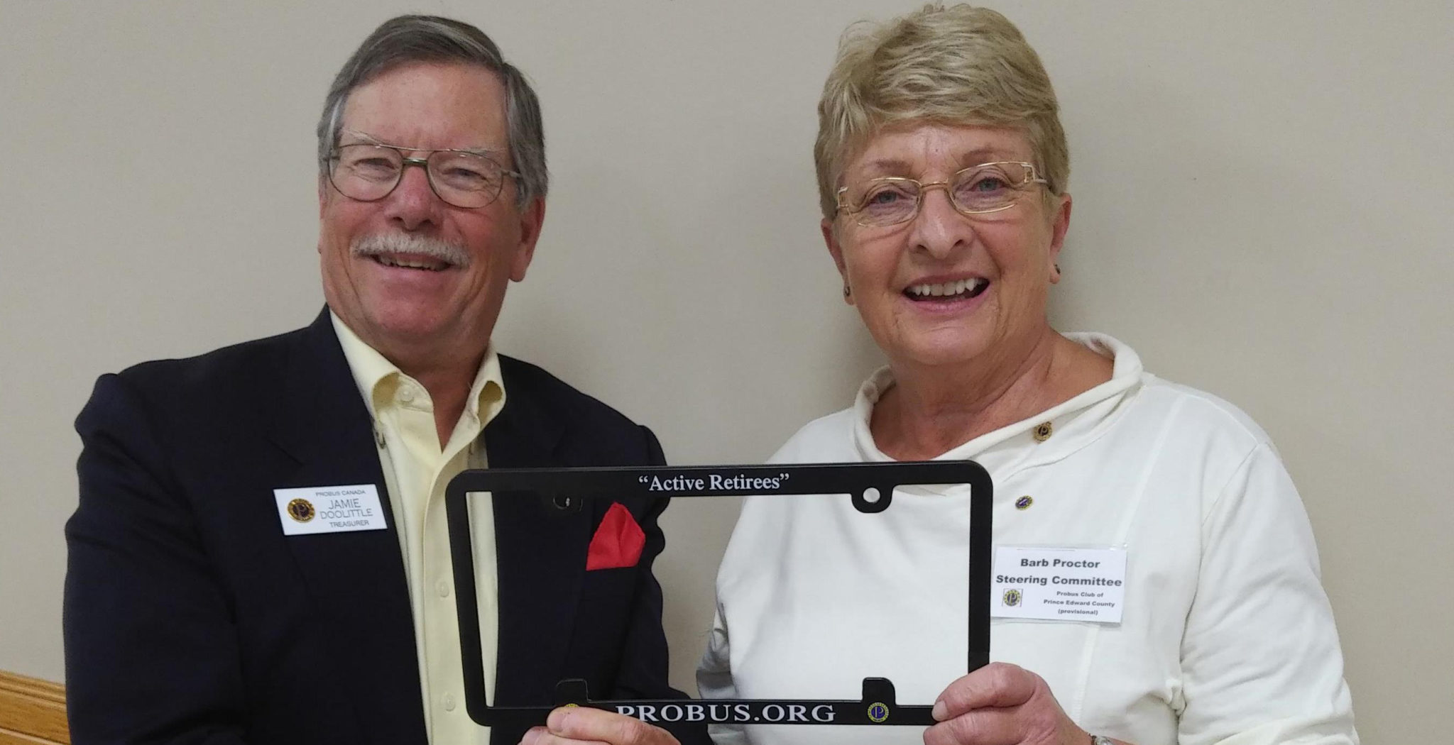 <p>Getting started  – Probus Canada treasurer Jamie Doolittle and local steering committee member Barb Proctor pose for a photo during the charter meeting of the Prince Edward County club last Thursday. Some 88 people in the community have already signed on to be part of the social club. (Submitted photo)</p>
