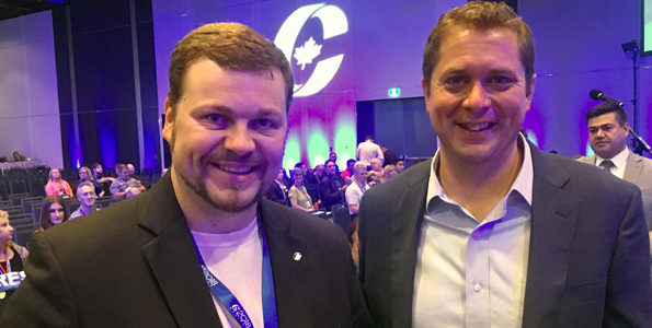 <p>Liaison with leader-Bay of Quinte Conservative candidate Tim Durkin, left, had a bit of face time with party leader Andrew Scheer at the party’s convention in Halifax last weekend. (Submitted photo)</p>
