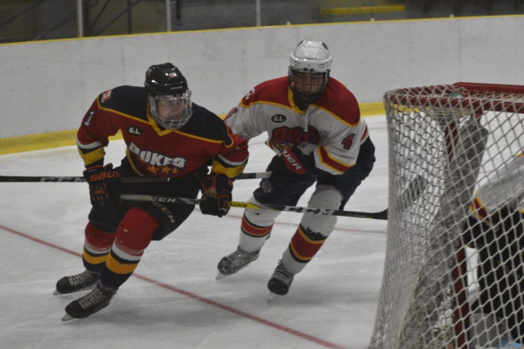 <p>GOOD START- (Left) Keenan Eddy was one of five Wellington goal scorers in Trenton Wednesday night as the Dukes beat the host Golden Hawks 5-1. (Jason Parks/Gazette staff)</p>
