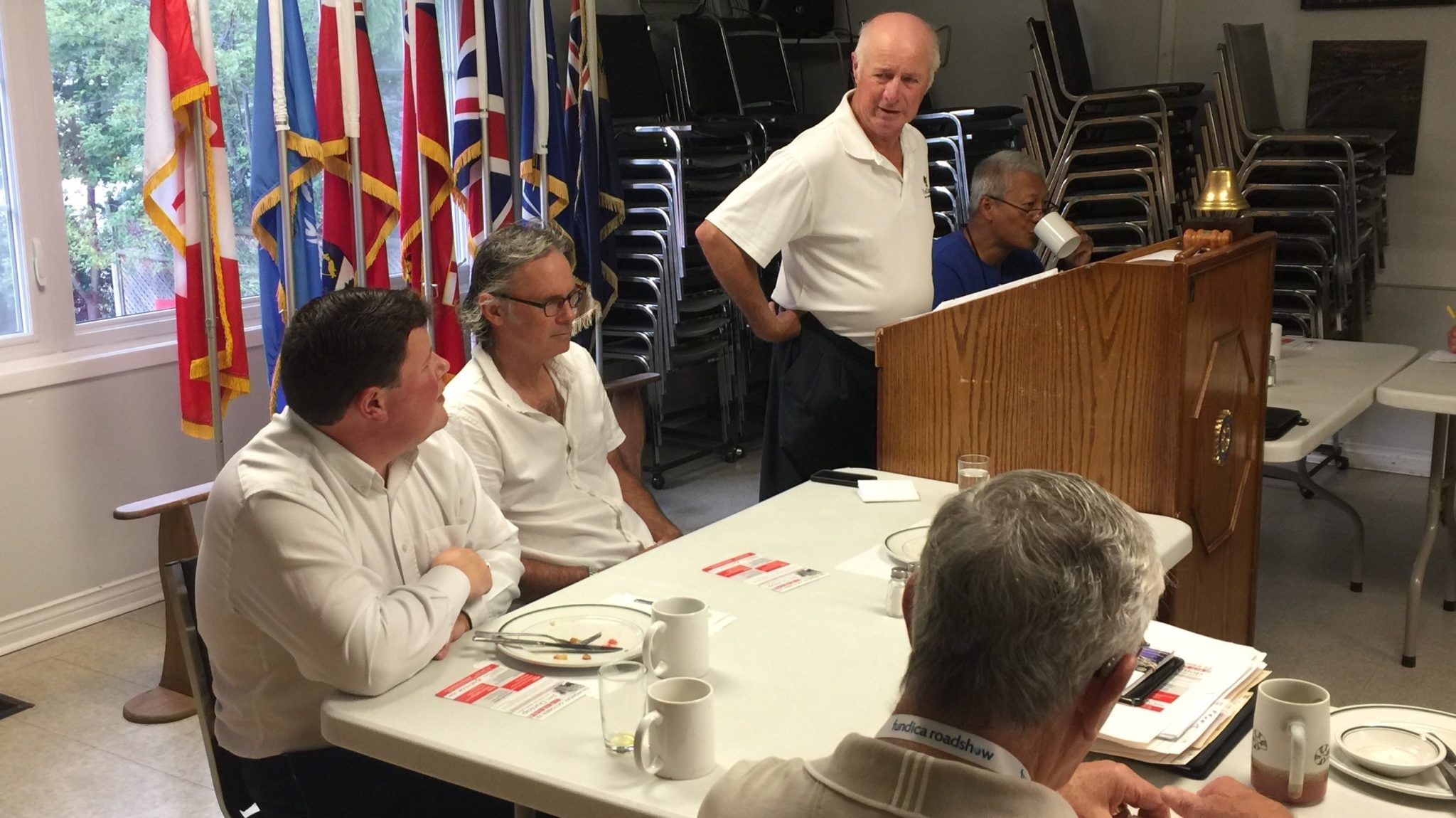 <p>MEET AND GREET- (From left) County Council nominees Brent Kleinsteuber and Mike Harper listen to incumbent Jim Dunlop at the Rotary Club of Wellington all-candidates meeting at the Wellington branch of the Royal Canadian Legion on Tuesday morning. (Jason Parks/Gazette Staff)</p>
