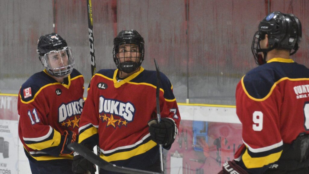 <p>WELCOME TO WELLINGTON- (Centre) Nick Abbott made his presence known during the first scrimmage of Wellington Dukes training camp on Saturday, scoring a hat trick. Wellington plays its 2018 preseason opener in Trenton this evening. (Jason Parks/Gazette Staff)</p>
