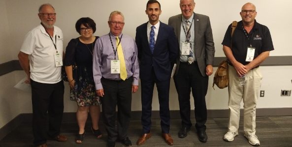 <p>From left, councillor Gord Fox, County director of finance Amanda Carter, Mayor Robert Quaiff, MPP Stephen Lecce, County CAO James Hepburn, and councillor Steve Ferguson. (Submitted photo)</p>
