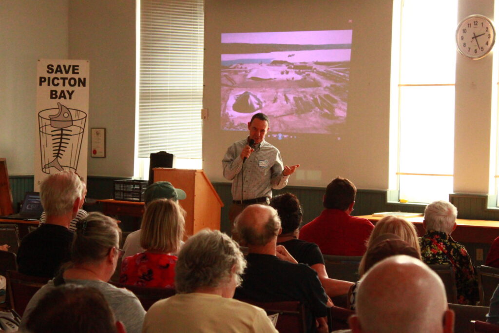<p>Save Picton Bay lawyer Eric Gillespie outlines the group’s legal plans moving forward at a town hall meeting last month. (Chad Ibbotson/Gazette staff)</p>
