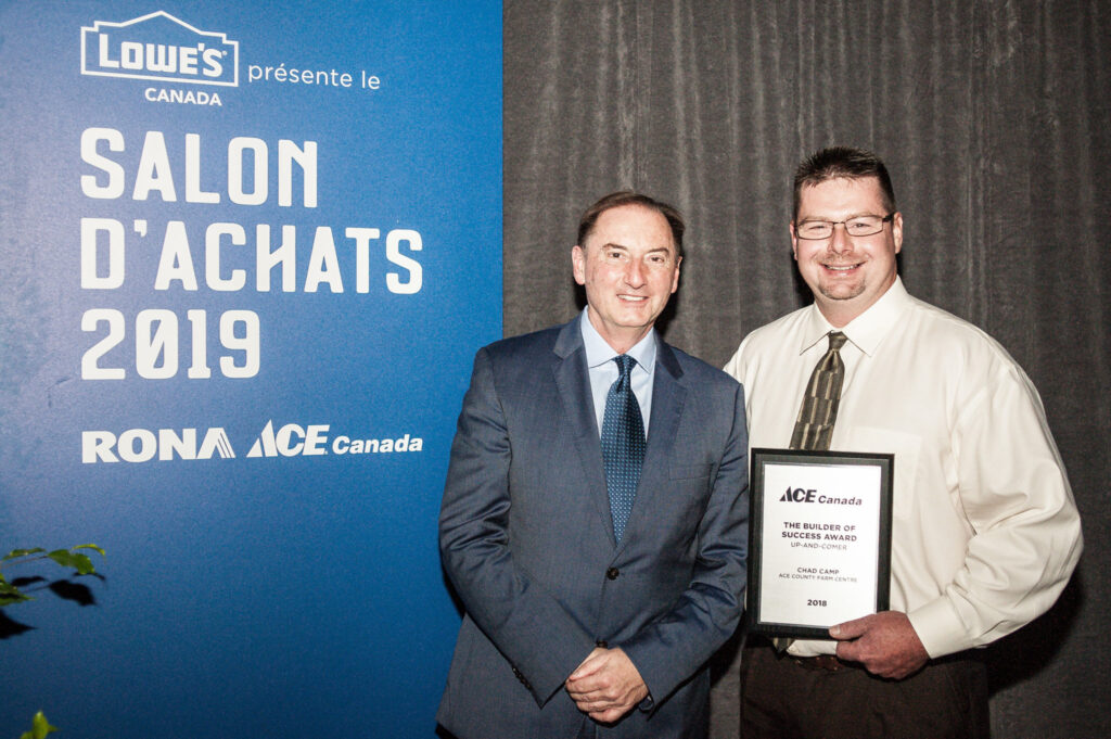 <p>ALL ACES- (LEFT) Divisional Vice President of Ace Canada Bill Morrison presents Ace County Farm Centre Manager Chad Camp with the 2018 Ace Builder of Success Program Up and Comer award earlier this month in Montreal. (Submitted Photo)</p>
