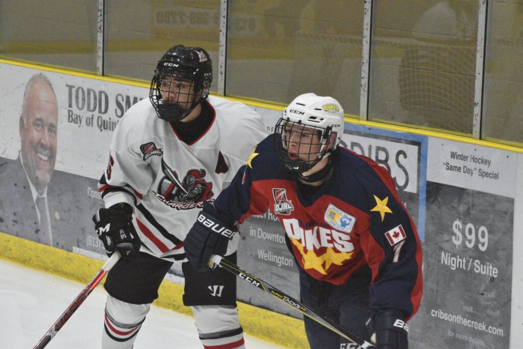 <p>Wellington Duke Zach Uens had a goal in his team’s 9-0 win over visiting Mississauga Friday night. (Jason Parks/Gazette Staff)</p>
