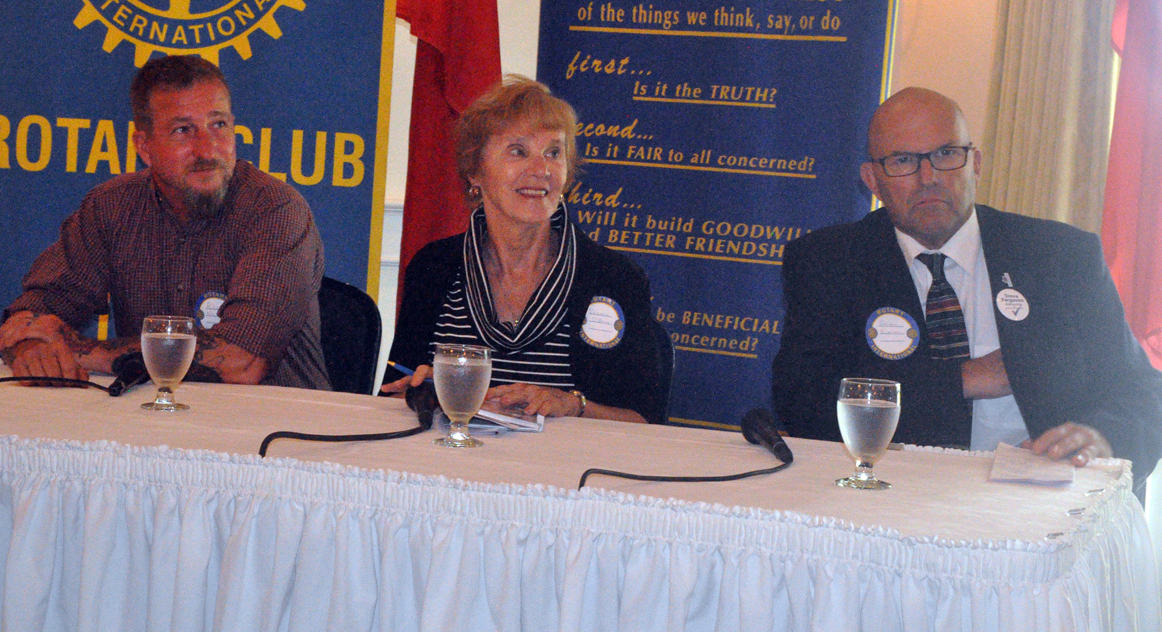 <p>The race is on &#8211; Prince Edward County mayoral candidates, from left, Richard Whiten, Dianne O&#8217;Brien, and Steve Ferguson answered questions at the Rotary Club of Picton&#8217;s luncheon Tuesday. (Adam Bramburger/Gazette staff)</p>
