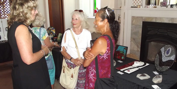 <p>Chatting with a creator- The garden mosaic items on the right are the work of artist  Karen Rickey (left) of Belleville, shown chatting with Rednersville Road Art Tour visitors Lorna Potts and Shelley Dornellas (right), both of Belleville, on Labour Day weekend. (Terry McNamee/For The Gazette)</p>
