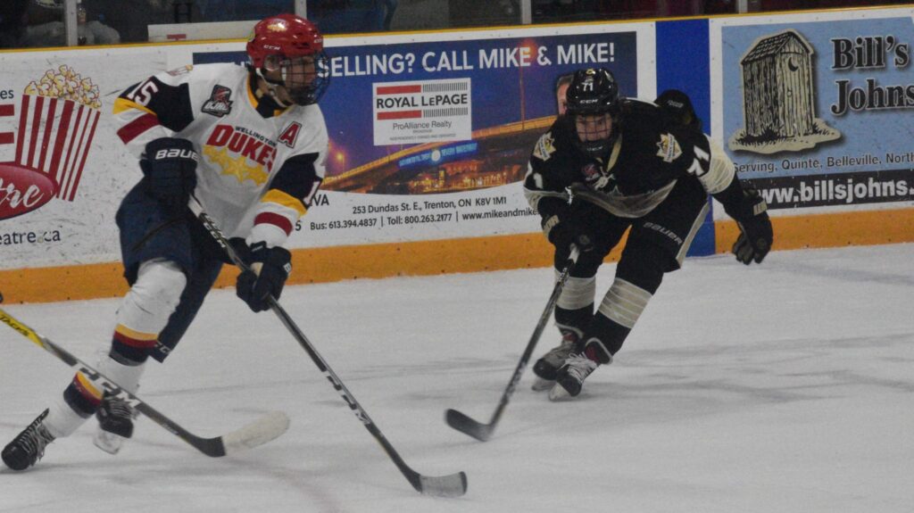 <p>FINDING THE NEXT GEAR- Wellington Duke Andrew Rinaldi steps up his stride to get past a checking Griffen Fox during his club’s 5-2 win in Trenton Friday night. Rinaldi had a hat trick to pace the Wellington offensive attack. (Jason Parks/Gazette Staff)</p>
