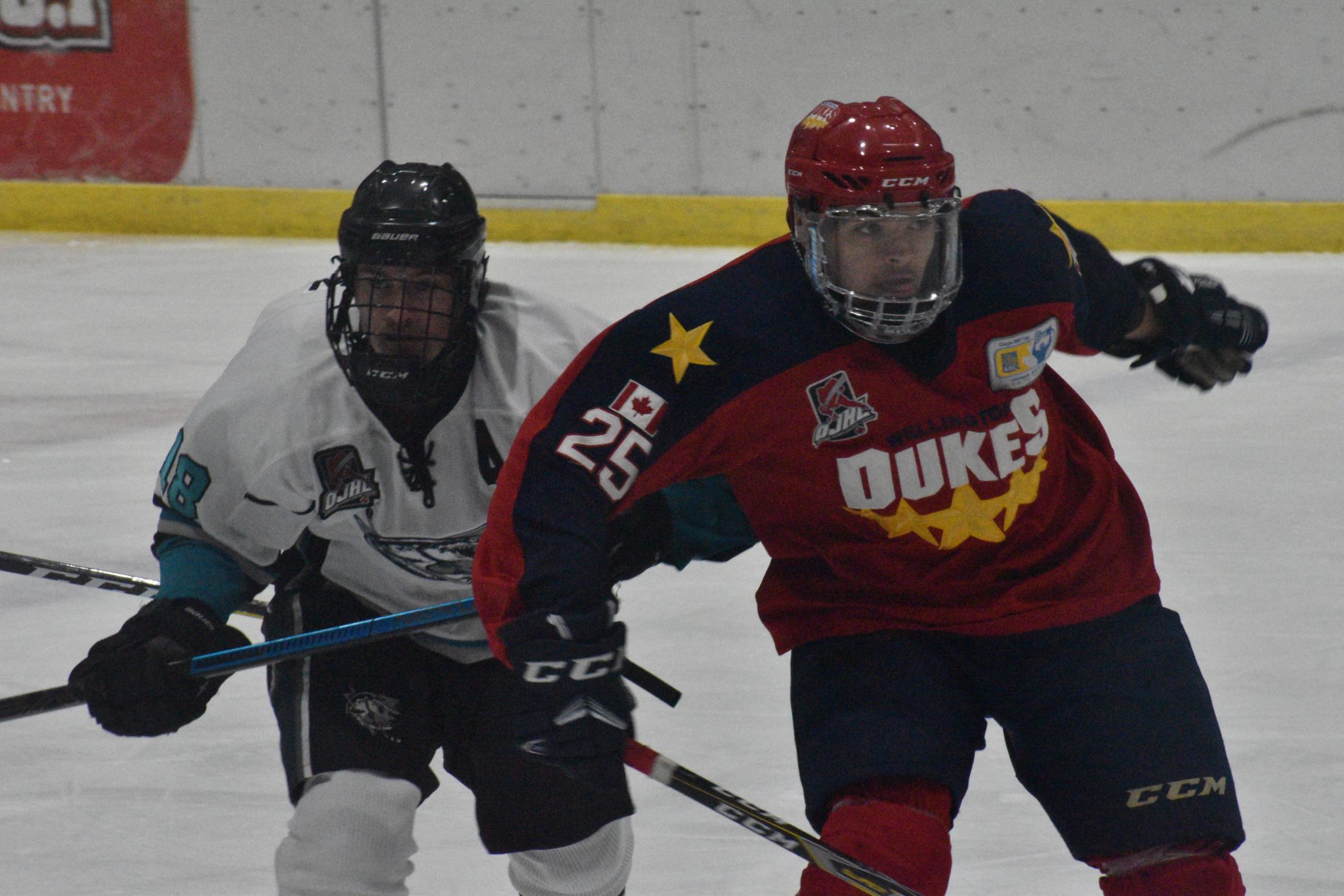 <p>Wellington Duke Dylan Massie battles with Ethan Ramadan of the Lindsay Muskies at Lehigh Arena Sunday afternoon. (Jason Parks/Gazette Staff)</p>
