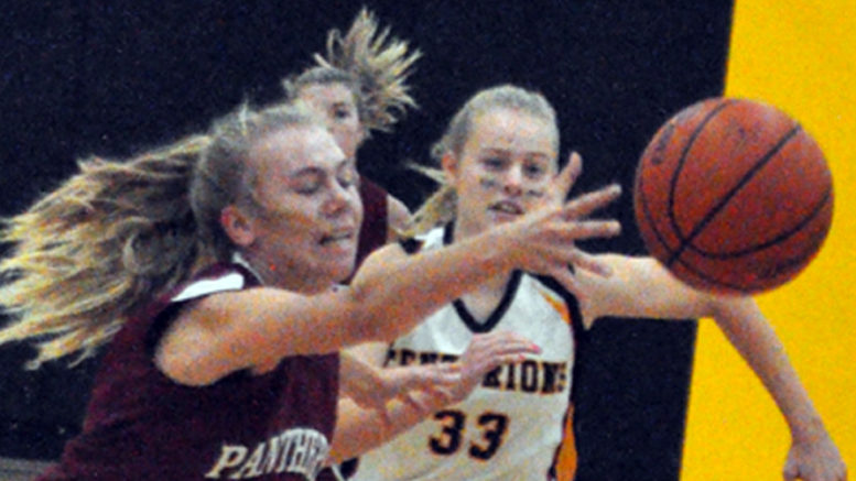 <p>Fast break –  PECI Panther Vanessa  Wilton, left, beat Centre Hastings Centurion Sam Clarke to a loose ball during the first half of the Panthers’ 46-30 win in Madoc Friday morning. (Adam Bramburger/Gazette staff)</p>
