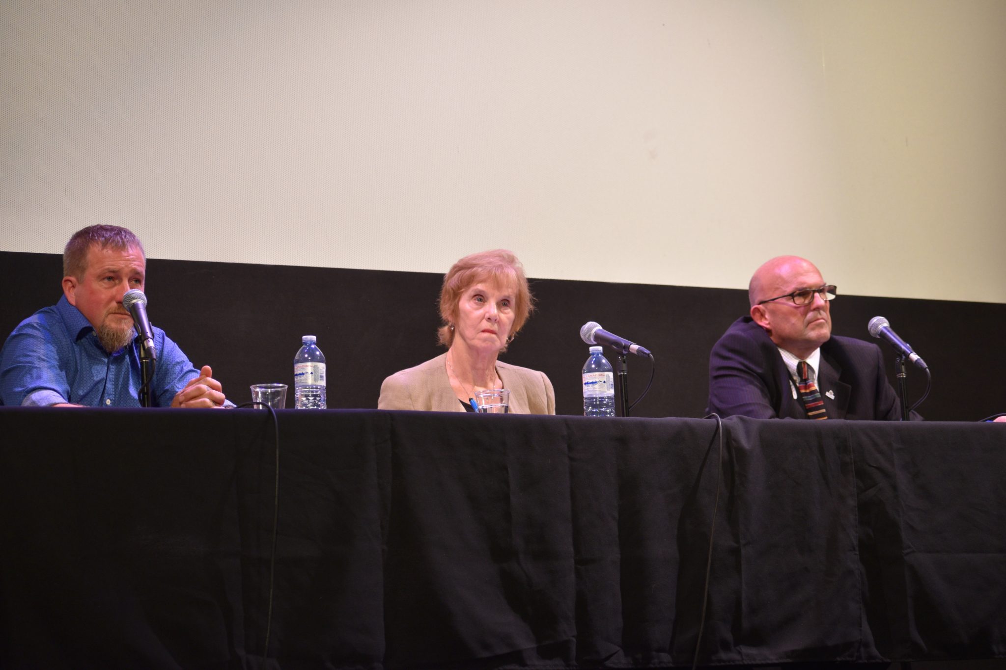 <p>HEARING FROM THE VOTERS- 2018 Prince Edward County Mayoral Candidates (From left) Richard Whiten, Dianne O’Brien and Steve Ferguson listen to a question from the audience on Wednesday evening. (Jason Parks/Gazette Staff)</p>
