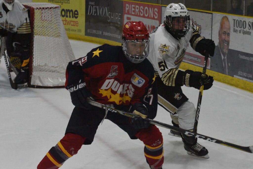 <p>TOUGH TIMES- Wellington Duke Madoka Suzuki battles Trenton’s Mason Hardy during Friday night’s 3-3 draw at Lehigh Arena. Suzuki scored Wellington’s lone goal in a 5-1 loss in North York on Sunday. (Jason Parks/Gazette Staff)</p>
