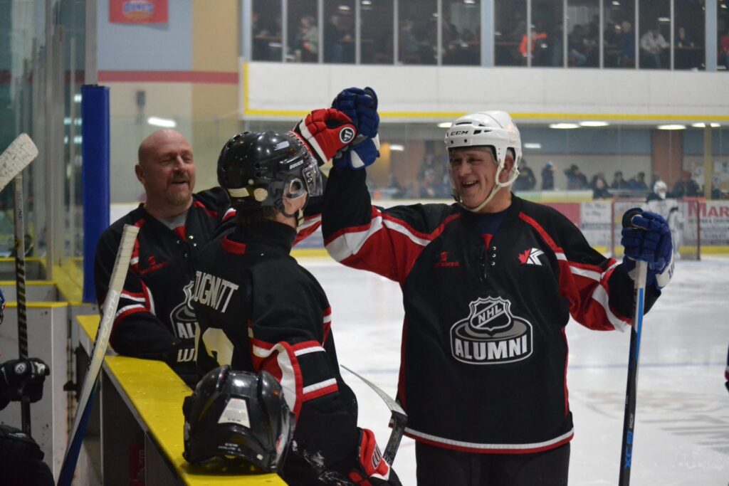 <p>NIFTY RICK- (Right) Former Maple Leafs captain Rick Vaive celebrates a goal during  an NHL Alumni stop in Wellington last year. On Saturday, Vaive and the Toronto Maple Leafs take on Wellington Dukes alumni team at Lehigh Arena. (Jason Parks/Gazette file photo)</p>
