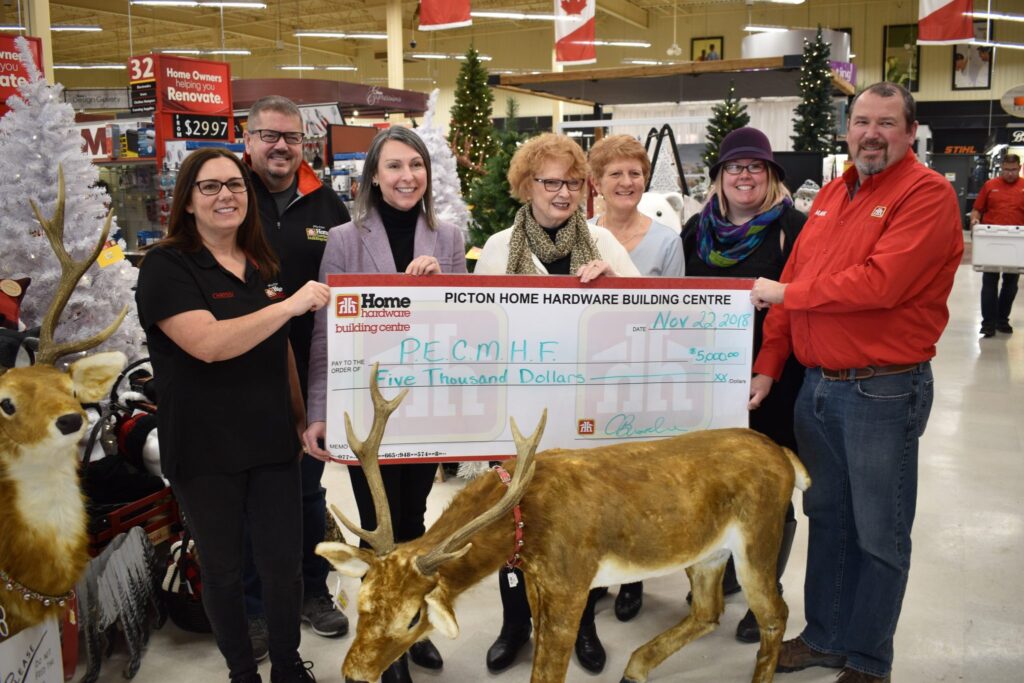 <p>HOME OWNERS HELP HOSPITAL- Picton Home Hardware made a $5,000 contribution to the PECMHF Back the Build Campaign at the store on Thursday. Pictured at the cheque presentation are (From Left): Chrissy and Adam Busscher of Picton Home Hardware, Shannon Coull, executive director of the PECMH Foundation, Barbara McConnell, vice chair of the Foundation, Marthe Robertson, Back the Build’s campaign manager, Briar Boyce, communications and donations co-ordinator for the Foundation and Mark Busscher of Home Hardware. (Jason Parks/Gazette Staff)</p>

