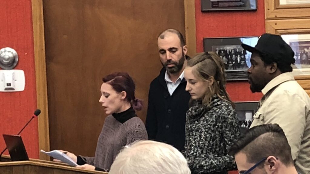 <p>COMMUNITY SAFETY ISSUES- (From left) Jerri Lynne Ostroskie, Jonah Schein, Cynara Lewis and Terry St. Rose speak to the lack of sidewalks and lighting for Macaulay Village pedestrians travelling to downtown Picton at Thursday’s Committee of the whole meeting at Shire Hall. (Jason Parks/Gazette Staff)</p>

