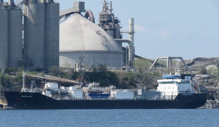 <p>The McKeil Spirit docked at Lehigh Cement Company’s Picton plant in May, 2018. (Photo courtesy of Brian Arnold)</p>
