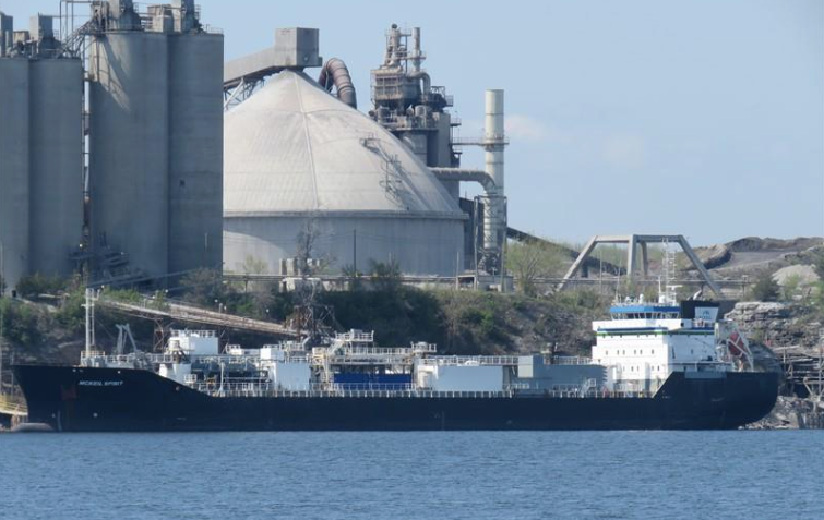 <p>The McKeil Spirit docked at Lehigh Cement Company’s Picton plant in May, 2018. (Photo courtesy of Brian Arnold)</p>
