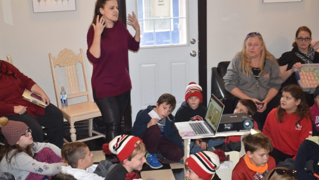 <p>POIGNANT PRESENTOR- Award winning author Melanie Florence speaks to children from Tyendinaga Public and Sophiasburgh Central Schools at Books & Company’s Legacy Room on Thursday morning. (Jason Parks/Gazette Staff)</p>
