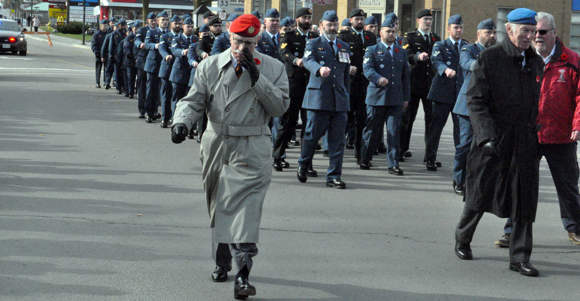 <p>Solemn march &#8211; Col. John Inrig, of the Hastings and Prince Edward Regiment, marches with CFB Trenton personnel at the close of Picton&#8217;s Remembrance Day ceremony. (Adam Bramburger/Gazette staff)</p>
