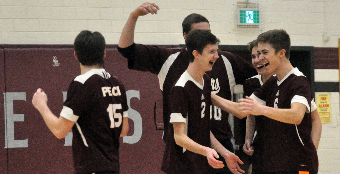 <p>Jubilation – The PECI Senior Volleyball Panthers celebrate a win in their final regular season game Monday. (Adam Bramburger/Gazette staff)</p>
