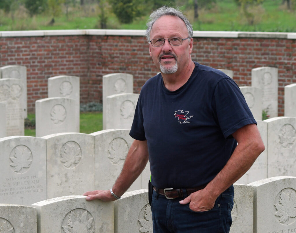 <p>HONOURING MALCOLM- Ameliasburgh’s Robert Hubbs at his cousin Malcolm Winford French’s grave near Chérisy, France earlier this year. French was a Prince Edward County native who died in the late stages of World War I. (Submitted Photo)</p>
