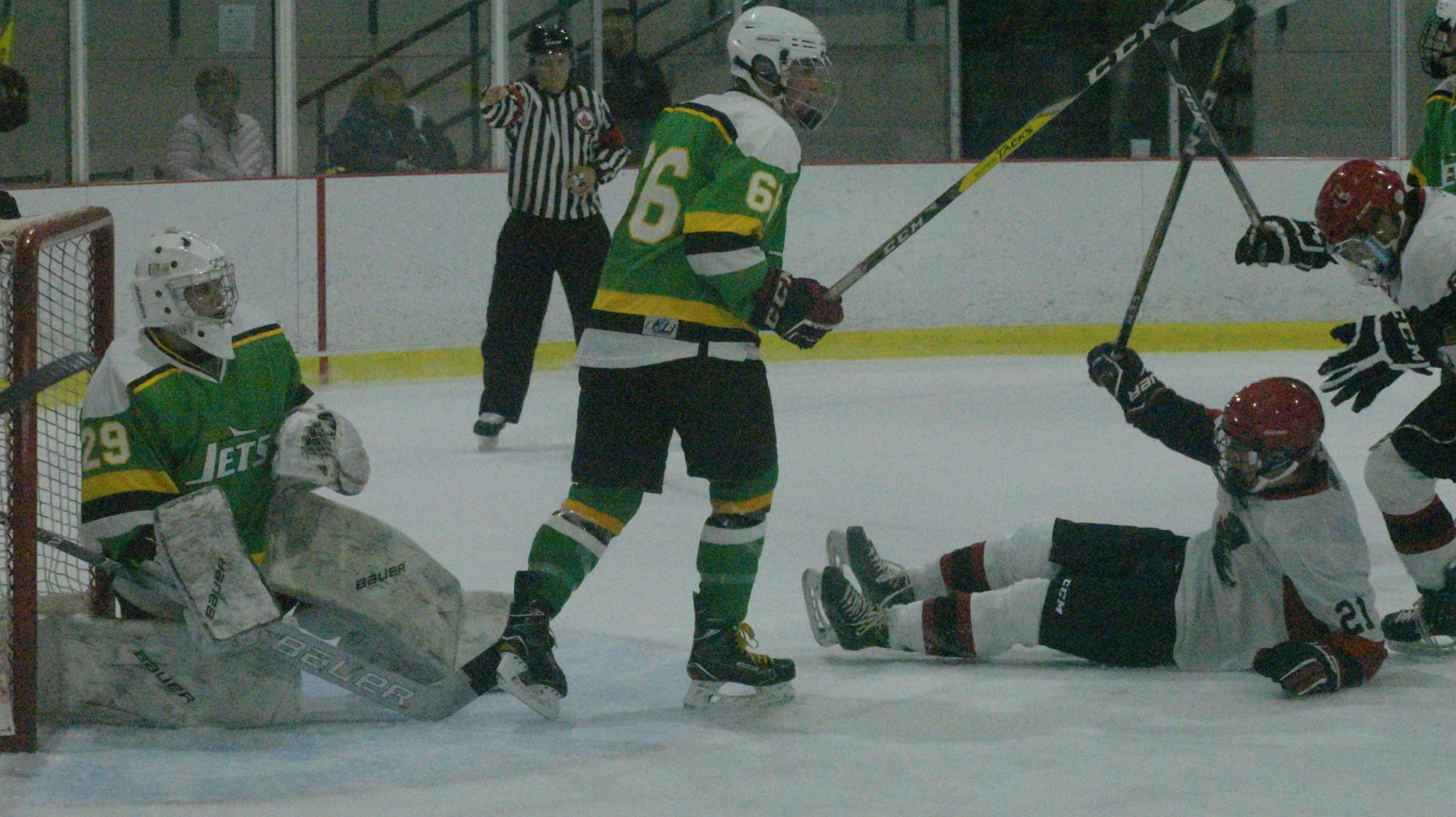<p>SCOLEY SCORES- Scoley Dow&#8217;s first goal as a Picton Pirate came from an unusual position on the ice Thursday night but it stood up as the game winner in a 2-1 victory over the visiting  Amherstview Jets (Jason Parks/Gazette Staff)</p>
