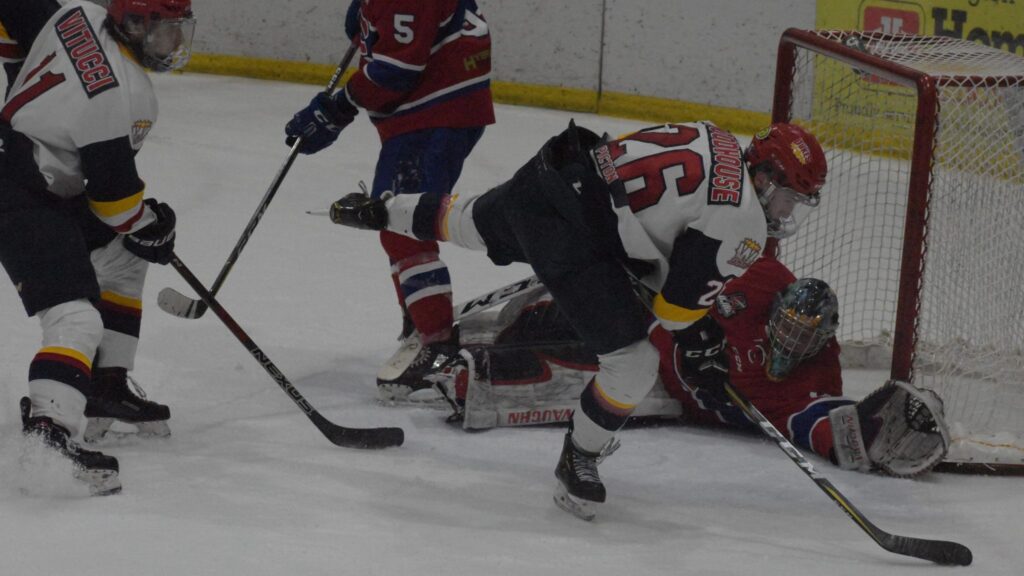 <p>ALL OUT- Wellington Duke Ben Woodhouse tries his best to test  Kingston net minder Alexei Masanko during the second period of Wellington’s 2-1 overtime win on Friday. (Jason Parks/Gazette Staff)</p>

