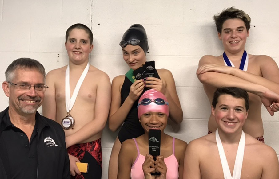 <p>Swimming success – The Quinte Dolphins’ Competitive 1 team had a productive meet in Belleville Nov. 23-25. Back row, from left, are McKinley Miller, Celia Reynolds, Jonah Barnes. Front row, from left are coach Jim Anfield, Kate Jones and Matthew Petracca. The Competitive 1 team members are the eldest swimmers in the club. (Submitted photo)</p>

