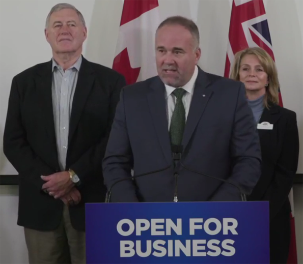 <p>cutting red tape Flanked by Hastings-Lennox and Addington MPP Daryl Kramp, left, and Belleville Chamber of Commerce executive director Jill Raycroft, Minster of Economic Development, Job Creation, and Trade  Todd Smith shares details of the Restoring Ontario’s Competitiveness Act Friday morning at the Belleville Public Library. (Todd Smith/Facebook)</p>

