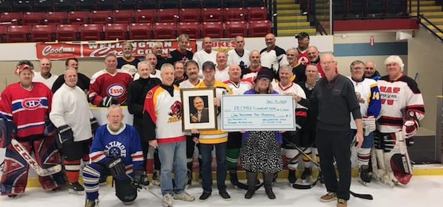 <p>IN MEMORIAM- Friends and teammates gather to honour the late Dennis McMaster at Lehigh Arena last week. (Foundation photo)</p>
