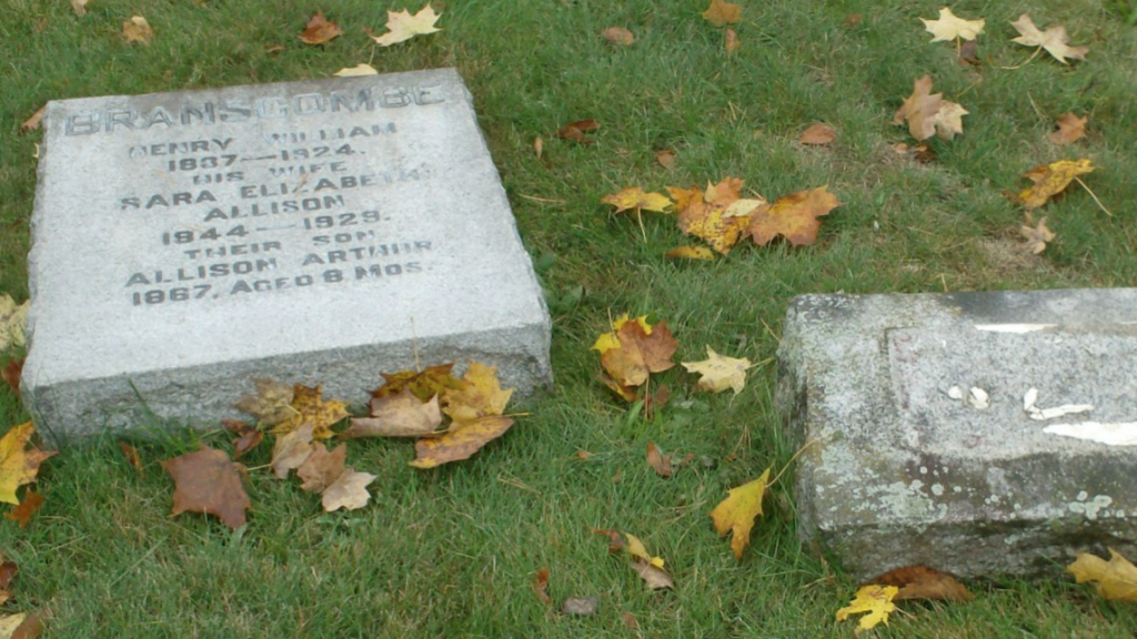 <p>TOPPLED MEMORIAL- The Branscombe family stone was one of several knocked over and damaged in a late June vandalism spree at Glenwood Cemetery in Picton. (John Lyons for the Gazette)</p>
