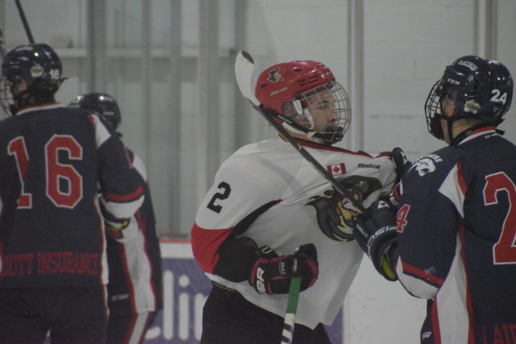 <p>BACK ON THE BLUE- Picton Pirate defenceman Nick Kyte made his return to the lineup Thursday, scoring a game winning goal and mixing it up physically with several Port Hope Panthers. (Jason Parks/Gazette Staff)</p>
