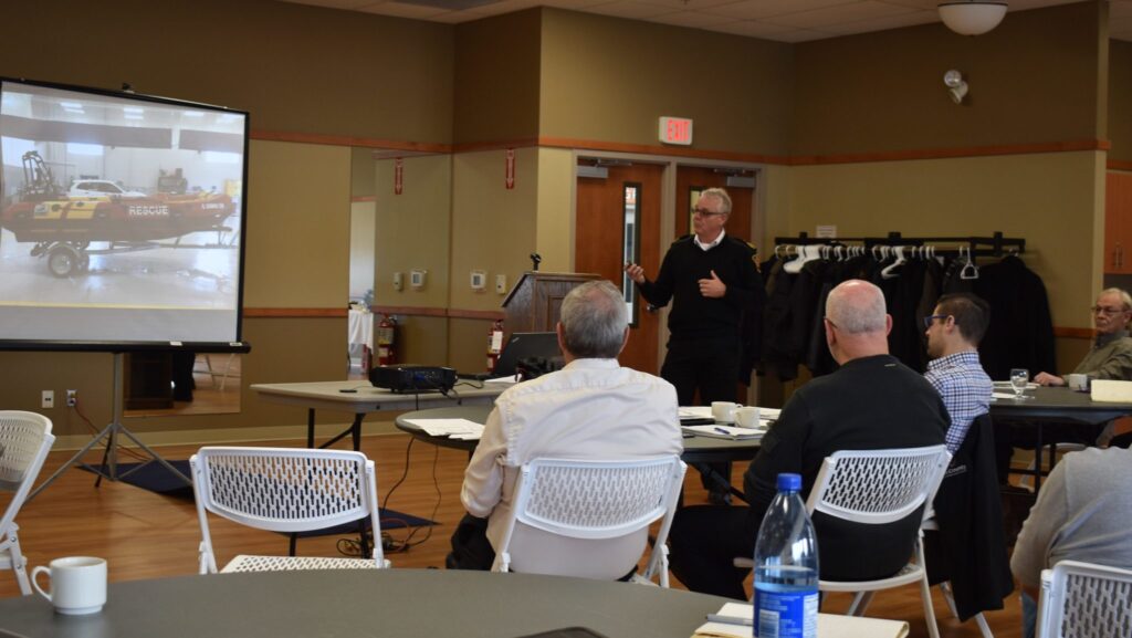 <p>FIRST HAND KNOWLEDGE-  Prince Edward County Fire and Rescue Chief Scott Manlow explains the benefits of the department’s new rescue boat to new and returning councillors at an orientation session on Thursday at Highline Hall in Wellington. (Jason Parks/Gazette Staff) </p>
