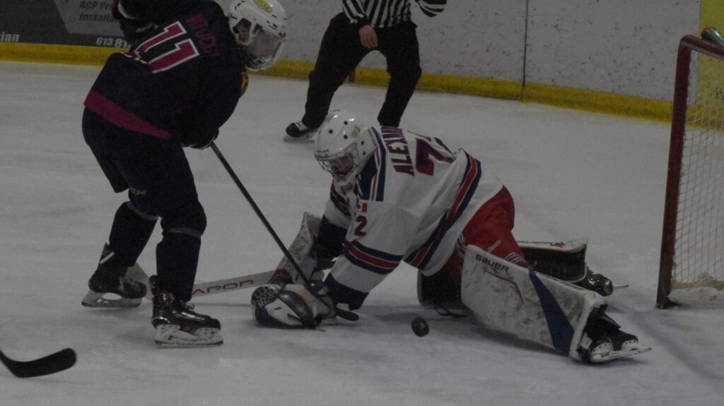 <p>URBAN SPRAWL- North York Rangers net minder Jett Alexander lays out to stop Wellington Duke Frank Vitucci during the second period of North York’s 4-2 win at Lehigh Arena Friday night. (Jason Parks/Gazette Staff)</p>
