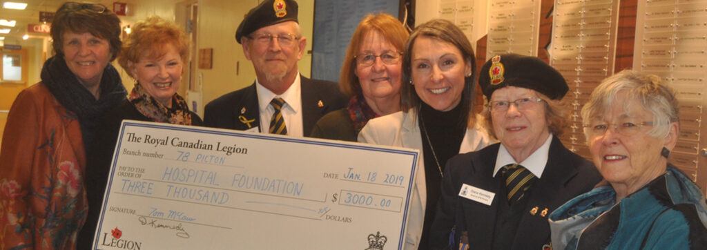 <p>Last fall, Branch 78 of the Royal Canadian Legion raised over $19,000 through its annual Poppy campaign through over 80 boxes in and around Picton. On Friday, they donated $3,000 from those proceeds to the Prince Edward County Memorial Hospital Foundation. The money will support te purchase of nine large-volume infusion pumps. Each pump is valued at $6,746. Pictured, from left are hospital foundation chair Monica Alyea and vice-chair Barbara McConnell, Branch 78 Poppy chair Tom McCaw,  hospital foundation board member Pat Evans and executive director Shannon Coull, Branch 78 president Diane Kennedy, and hospital foundation board member Fran Donaldson.  The donation puts the branch past the $20,000 mark over a 12-year period Over the last 15 years, the foundation  has received over $85,000 from local Legion branches, ladies’ auxiliaries, and the Provincial Command Charitable Foundation.(Adam Bramburger/Gazette Staff)</p>
