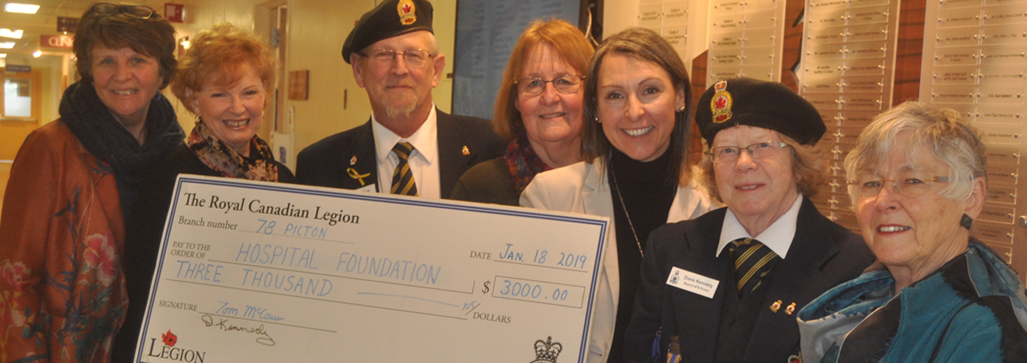 <p>Last fall, Branch 78 of the Royal Canadian Legion raised over $19,000 through its annual Poppy campaign through over 80 boxes in and around Picton. On Friday, they donated $3,000 from those proceeds to the Prince Edward County Memorial Hospital Foundation. The money will support te purchase of nine large-volume infusion pumps. Each pump is valued at $6,746. Pictured, from left are hospital foundation chair Monica Alyea and vice-chair Barbara McConnell, Branch 78 Poppy chair Tom McCaw,  hospital foundation board member Pat Evans and executive director Shannon Coull, Branch 78 president Diane Kennedy, and hospital foundation board member Fran Donaldson.  The donation puts the branch past the $20,000 mark over a 12-year period Over the last 15 years, the foundation  has received over $85,000 from local Legion branches, ladies’ auxiliaries, and the Provincial Command Charitable Foundation.(Adam Bramburger/Gazette Staff)</p>
