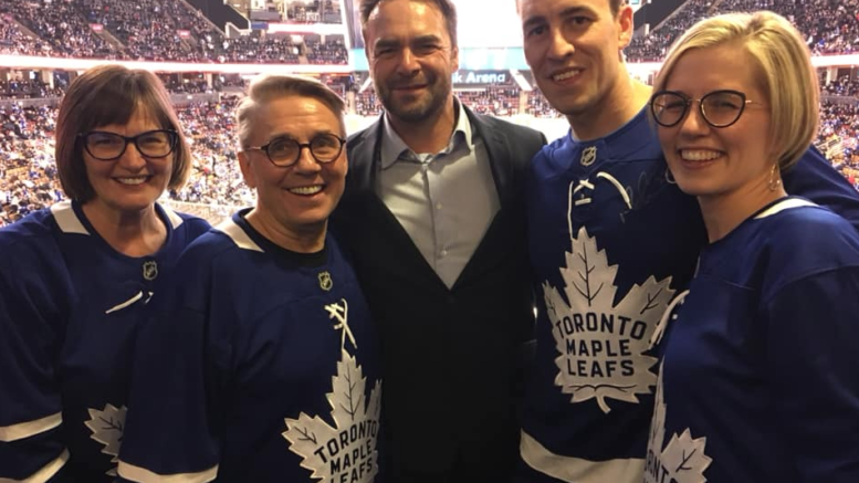 <p>CALLING CUJO- Toronto Maple Leafs legend Curtis Joseph joined the Campbell Family (from left) Heather, Mark, Scott and Billi during the Leafs game at the Scotiabank Arena Sunday evening. (Photo submitted)</p>
