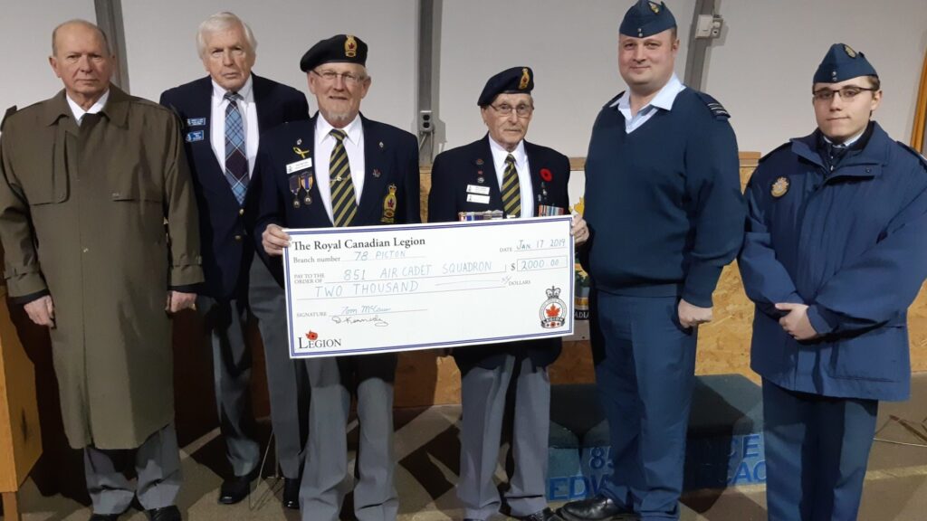 <p>Comrades in arms- The Royal Canadian Legion Branch 78 presented $2,000 to the 851 Air Cadet Squadron Thursday. At the cheque presentation at the Air Cadet headquarters were (From left): Captain (Ret’d) Malcolm Campbell (Sponsor Committee Treasurer), Mr. Robert<br />
Bird (Sponsor Committee Chair), Mr. Tom McCaw (Br. 78 Poppy Chair), Master<br />
Corporal (Ret’d) Mike Slatter (Sponsor Committee Rep. Branch 78), Captain<br />
Adam Kidd (CO 851 Sqn), and Cadet WO2 Aaron Wiik. (Submitted Photo)</p>
