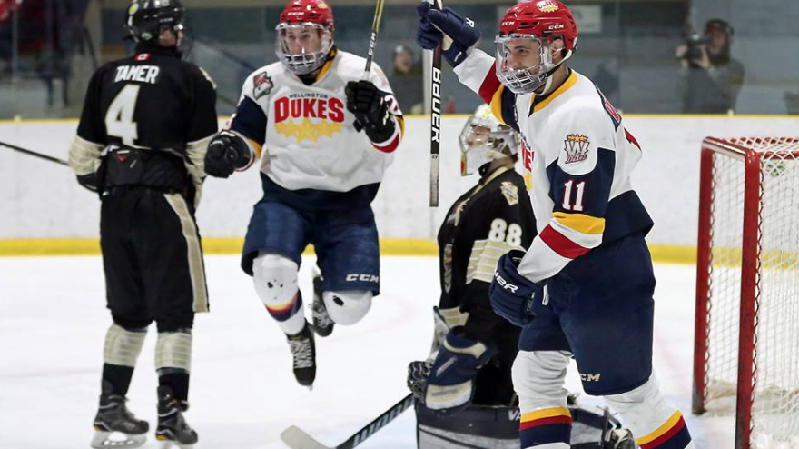 <p>JUMP FOR JOY- Wellington Dukes Ben Woodhouse and Frank Vitucci celebrate the former&#8217;s goal which stood up as a game winning tally in a 4-2 win over the visiting Trenton Golden Hawks in 2020. (Photo by Ed McPherson / OJHL Images)</p>
