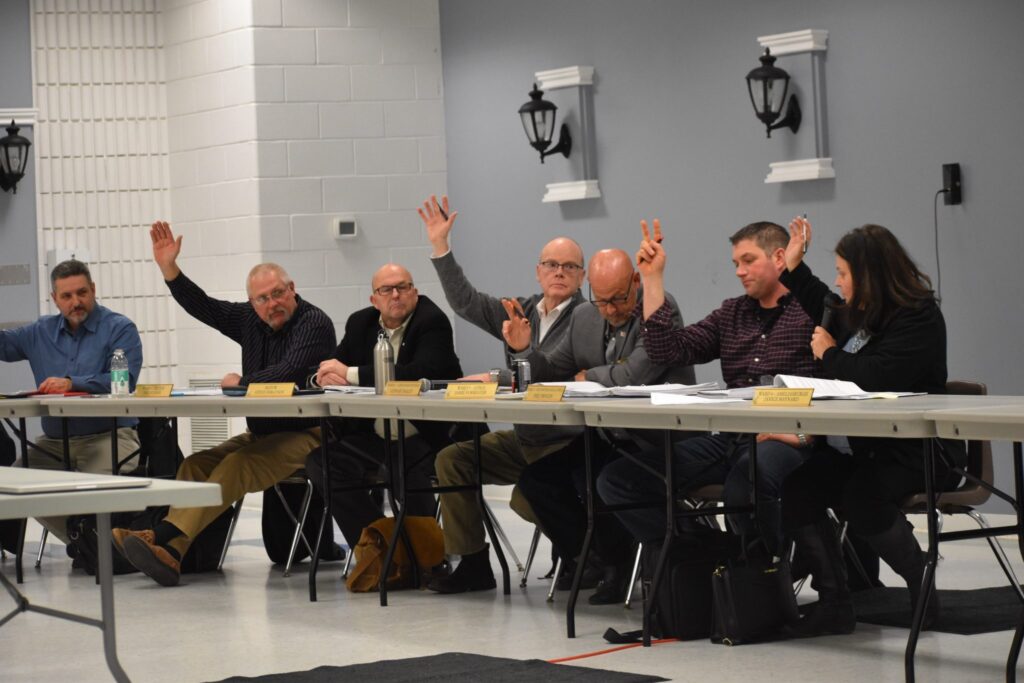 <p>PASS IT ALONG- Members of the County of Prince Edward’s Committee of the whole indicate their position on the retail sales of recreational cannabis inside the municipality at a meeting at Rotary Club of Picton Hall Wednesday night. (Jason Parks/Gazette Staff)</p>
