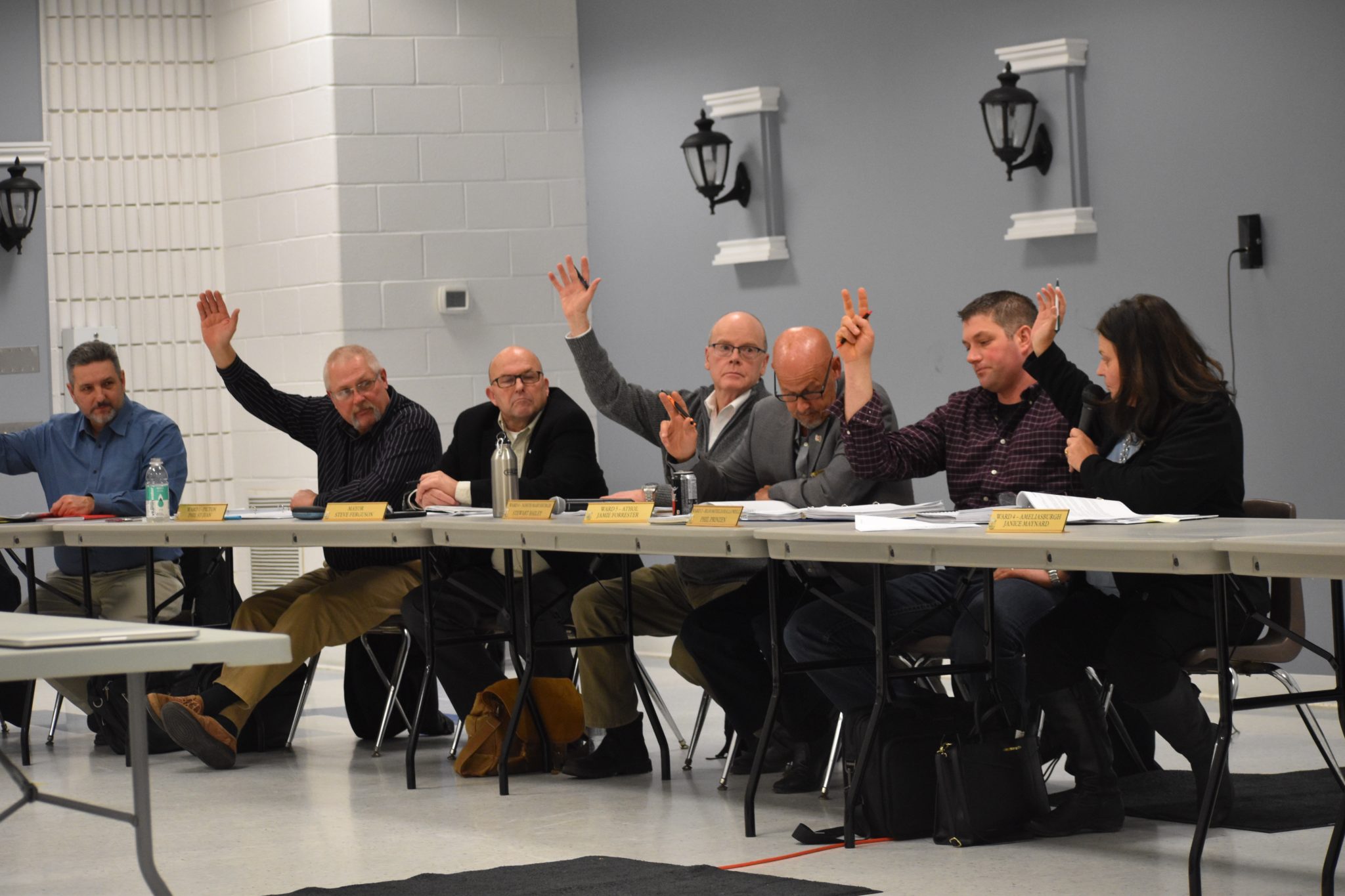 <p>PASS IT ALONG- Members of the County of Prince Edward’s Committee of the whole indicate their position on the retail sales of recreational cannabis inside the municipality at a meeting at Rotary Club of Picton Hall Wednesday night. (Jason Parks/Gazette Staff)</p>
