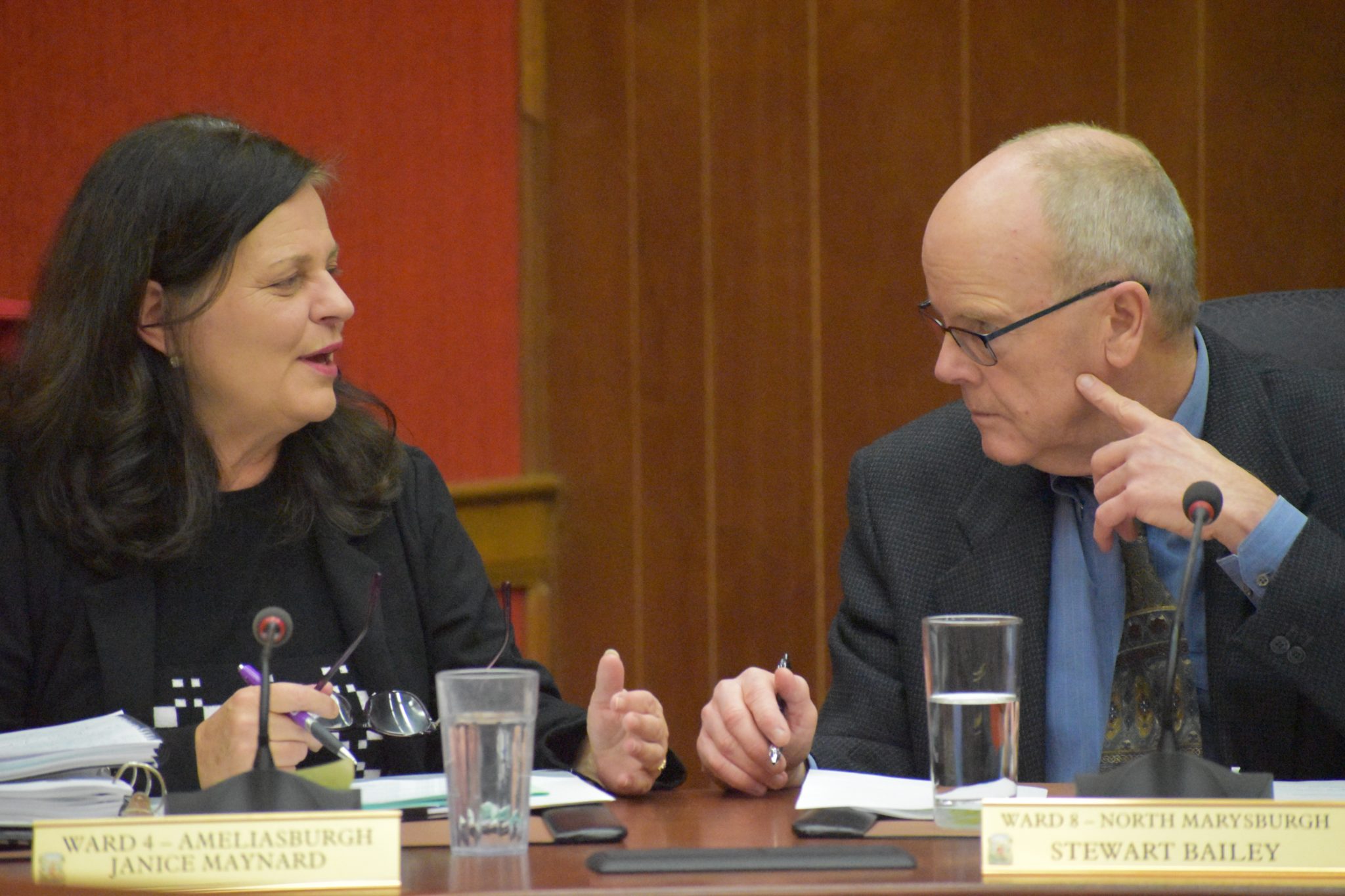 <p>PACT RENEWAL- Councillors Janice Maynard and Stewart Bailey speak prior to Tuesday night&#8217;s council meeting. Council voted to renew a collective bargaining agreement between the municipality and members of the Ontario Nurses Association employed at H.J. McFarland Memorial Home. (Jason Parks/Gazette Staff)</p>
